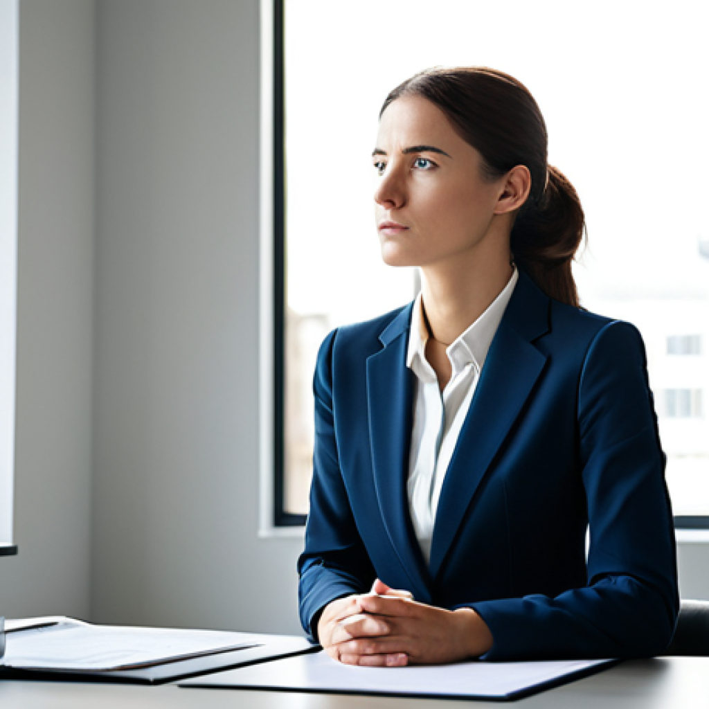 A professional woman in a modest business suit, sitting at a modern desk in a well-lit, minimalist office. Her posture is slightly pensive, with her hands resting gently on the desk, conveying a subtle sense of deep thought or an unseen burden of psychological expectations. The atmosphere is quiet and reflective, with soft, natural light filtering through a large window. The background shows blurred office elements. Perfect anatomy, correct proportions, natural pose, well-formed hands, proper finger count, natural body proportions, professional photography, high quality, fully clothed, appropriate attire, safe for work, professional, appropriate content.