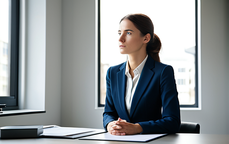 A professional woman in a modest business suit, sitting at a modern desk in a well-lit, minimalist office. Her posture is slightly pensive, with her hands resting gently on the desk, conveying a subtle sense of deep thought or an unseen burden of psychological expectations. The atmosphere is quiet and reflective, with soft, natural light filtering through a large window. The background shows blurred office elements. Perfect anatomy, correct proportions, natural pose, well-formed hands, proper finger count, natural body proportions, professional photography, high quality, fully clothed, appropriate attire, safe for work, professional, appropriate content.