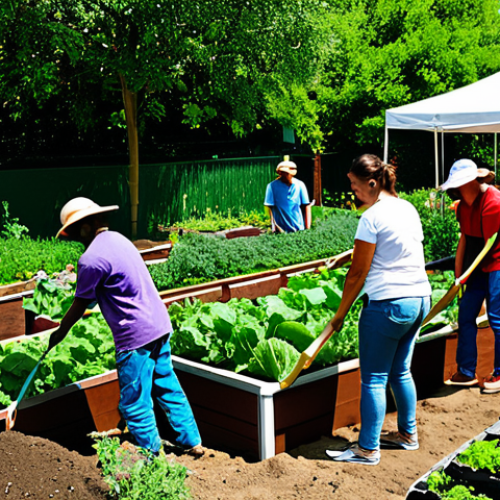 Home 16 Community Building Through Mutual Aid**
A diverse group of fully clothed people participating in a community garden project, appropriate attire, helping each other plant vegetables, smiling and engaged, bright sunny day, lush greenery, safe for work, perfect anatomy, natural proportions, family-friendly, professional photography, high quality.
**