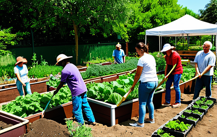 Community Building Through Mutual Aid**
A diverse group of fully clothed people participating in a community garden project, appropriate attire, helping each other plant vegetables, smiling and engaged, bright sunny day, lush greenery, safe for work, perfect anatomy, natural proportions, family-friendly, professional photography, high quality.
**
