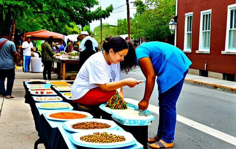 **
A community exchange event in a vibrant neighborhood, showcasing handmade goods and shared skills. Fully clothed individuals are bartering crafts, food, and services. The scene emphasizes collaboration and sustainability. Safe for work, appropriate content, professional, modest, perfect anatomy, correct proportions, natural pose, well-formed hands, proper finger count, natural body proportions, high quality.
**